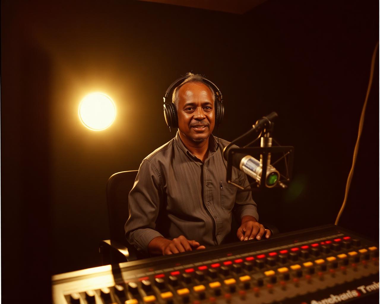 Radio host presenting live in a MO Media studio in Addis Ababa